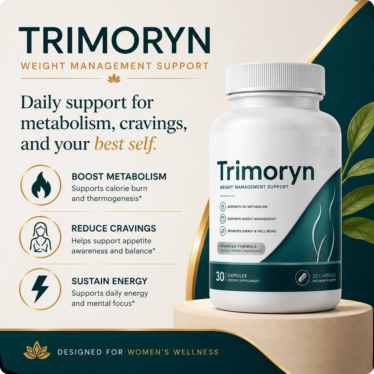Trimoryn bottle beside the label's three support points: metabolism, cravings and daily energy
